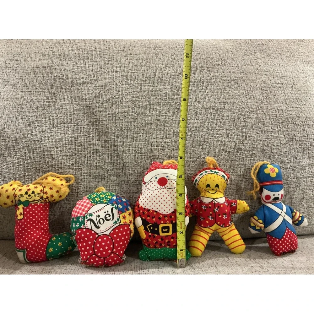 Vintage Christmas Fabric Plush Ornaments Lot 5 Santa Nutcracker Gingerbread Noel